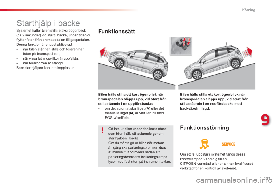 CITROEN C3 2014  InstruktionsbÖcker (in Swedish) 9
Körning
127
   
 
 
 
 
Starthjälp i backe 
 
Systemet håller bilen stilla ett kort ögonblick (ca 2 sekunder) vid star t i backe, under tiden du
flyttar foten från bromspedalen till gaspedalen.