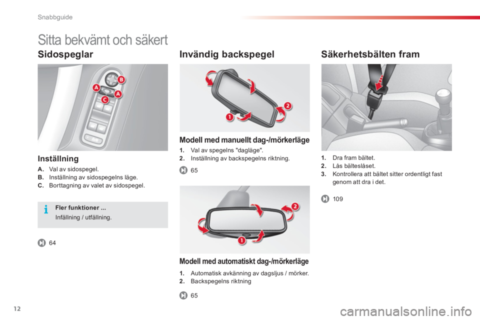CITROEN C3 2014 InstruktionsbÖcker (in Swedish) Snabbguide
12
Sidospeglar
Inställning
A.
Val av sidospegel. B.Inställning av sidospegelns läge. C.Borttagning av valet av sidospegel.
Invändig backspegel
Modell med manuellt dag-/ CITROEN C3 2014 InstruktionsbÖcker (in Swedish) Snabbguide
12
Sidospeglar
Inställning
A.
Val av sidospegel. B.Inställning av sidospegelns läge. C.Borttagning av valet av sidospegel.
Invändig backspegel
Modell med manuellt dag-/