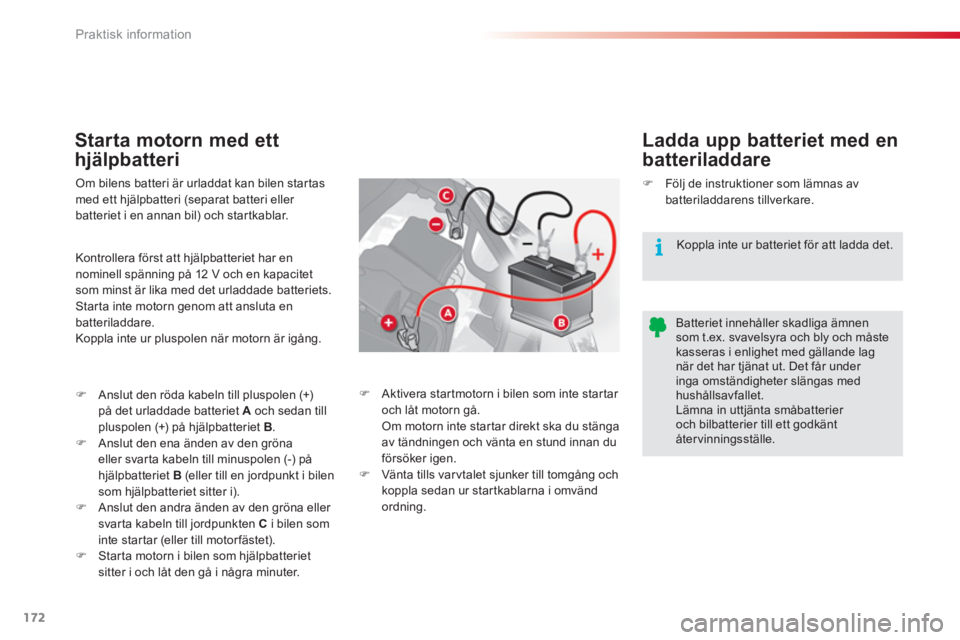 CITROEN C3 2014  InstruktionsbÖcker (in Swedish) Praktisk information
172
   
Starta motorn med ett
h
jälpbatteri    
Ladda u
pp batteriet med en 
batteriladdare
Om bilens batteri är urladdat kan bilen star tasmed ett hjälpbatteri (separat batter