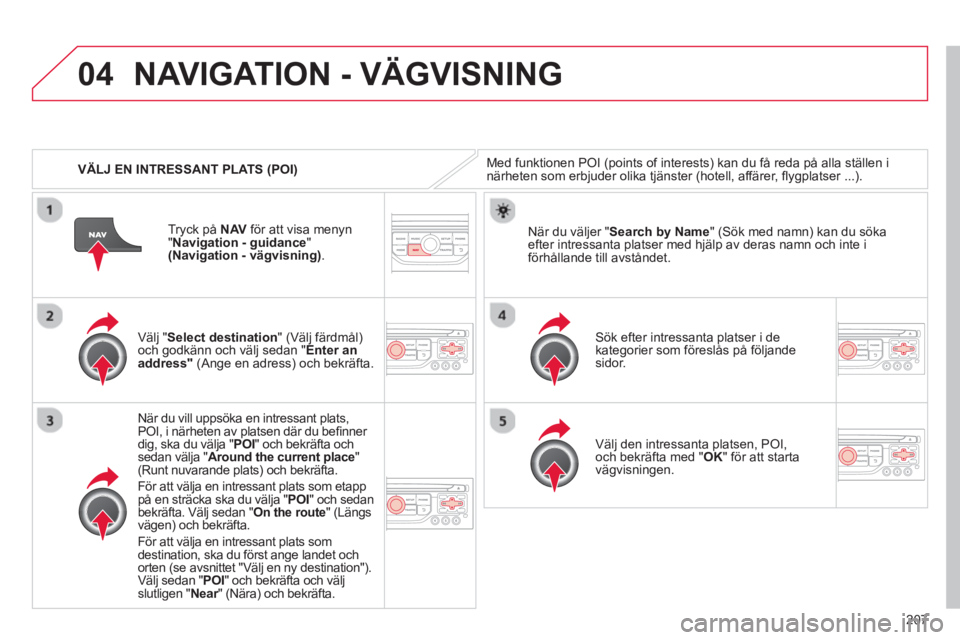 CITROEN C3 2014  InstruktionsbÖcker (in Swedish) 04
207
   
 VÄLJ EN INTRESSANT PLATS (POI)
NAVIGATION - VÄGVISNING
Med funktionen POI (points of interests) kan du få reda på alla ställen inärheten som erbjuder olika tjänster (hotell, affäre