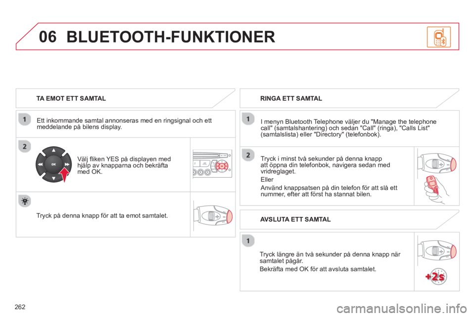 CITROEN C3 2014 InstruktionsbÖcker (in Swedish) 06
262
TA EMOT ETT SAMTAL
Ett inkommande samtal annonseras med en rin
gsignal och ettmeddelande på bilens display.
Väl
j fl iken YES på displayen medhjälp av knapparna och bekräfta CITROEN C3 2014 InstruktionsbÖcker (in Swedish) 06
262
TA EMOT ETT SAMTAL
Ett inkommande samtal annonseras med en rin
gsignal och ettmeddelande på bilens display.
Väl
j fl iken YES på displayen medhjälp av knapparna och bekräfta