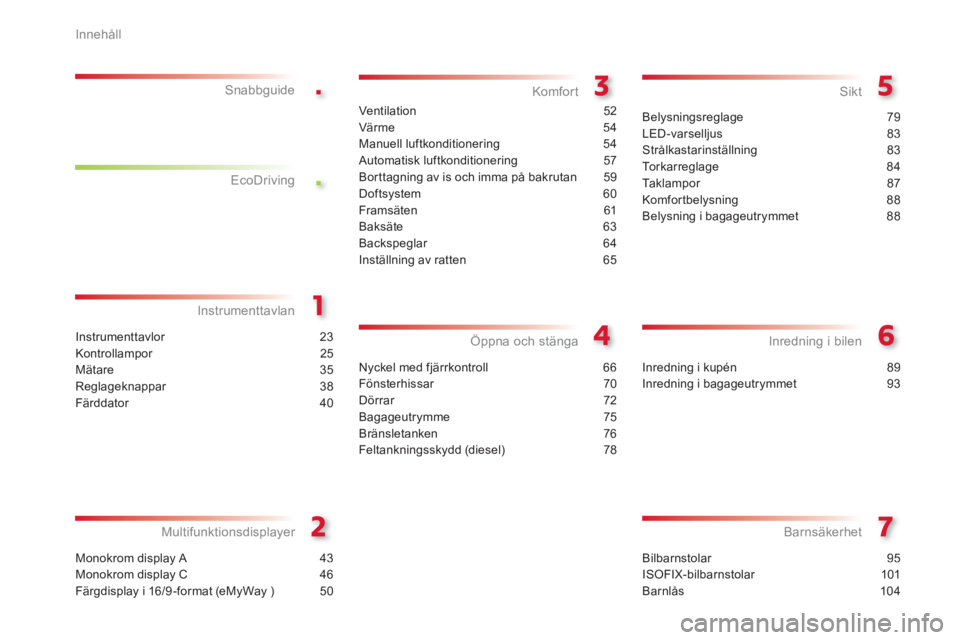 CITROEN C3 2014  InstruktionsbÖcker (in Swedish) .
.
Innehåll
Bilbarnstolar 95
ISOFIX-bilbarnstolar 101
Barnlås 104
Barnsäkerhet
Instrumenttavlor 23
Kontrollampor 25
Mätare 35
Reglageknappar 38
Färddator 40
InstrumenttavlanSnabbguide
Monokrom d