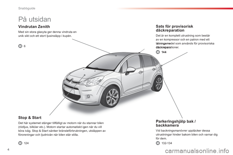 CITROEN C3 2014  InstruktionsbÖcker (in Swedish) Snabbguide
4
   
Parkeringshjälp bak / backkamera
  Vid backningsmanövrer upptäcker dessa
utrustningar hinder bakom bilen och varnar dig 
för dem.
Stop & Start 
Det här systemet stänger tillfäl