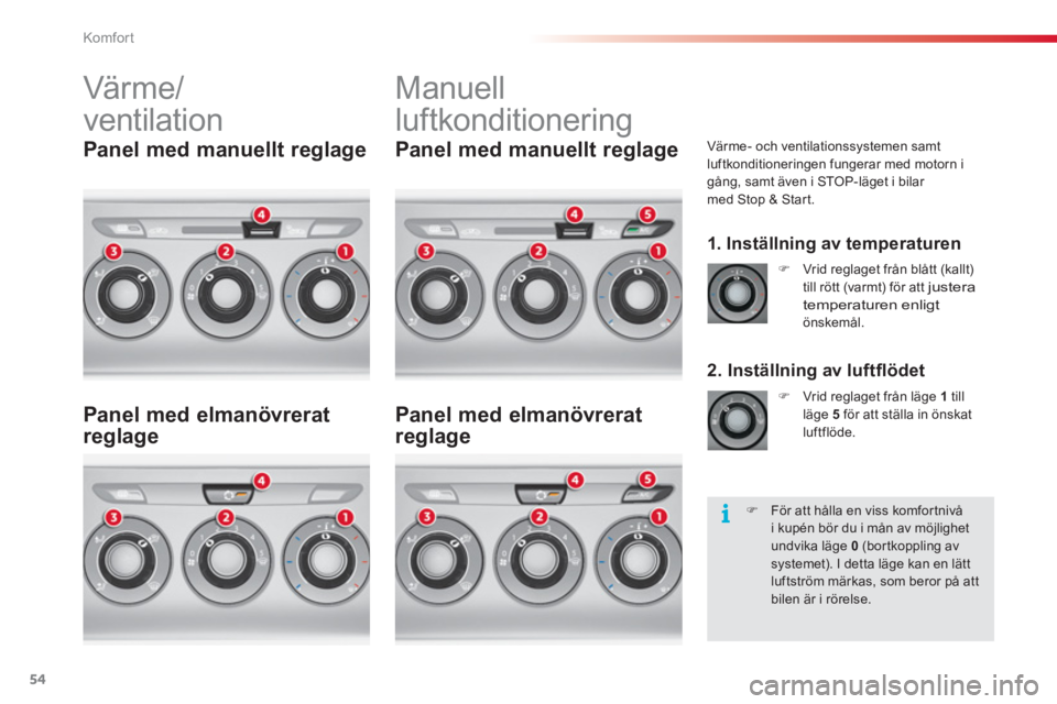 CITROEN C3 2014  InstruktionsbÖcker (in Swedish) Komfor t
54
  Vär me/
ventilation   Manuell 
luftkonditionering 
   
 
 
 
 
 
 
 
 
 
 
 
 
 
 
 
Värme- och ventilationssystemen samt 
luftkonditioneringen fungerar med motorn i 
gång, samt även