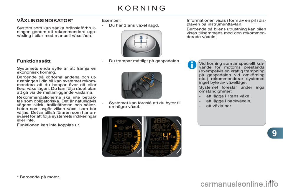 CITROEN C3 2013  InstruktionsbÖcker (in Swedish) 9
111
KÖRNING
VÄXLINGSINDIKATOR *  
 
System som kan sänka bränsleförbruk-
ningen genom att rekommendera upp-
växling i bilar med manuell växellåda. 
   
Funktionssätt 
 
Systemets enda syfte