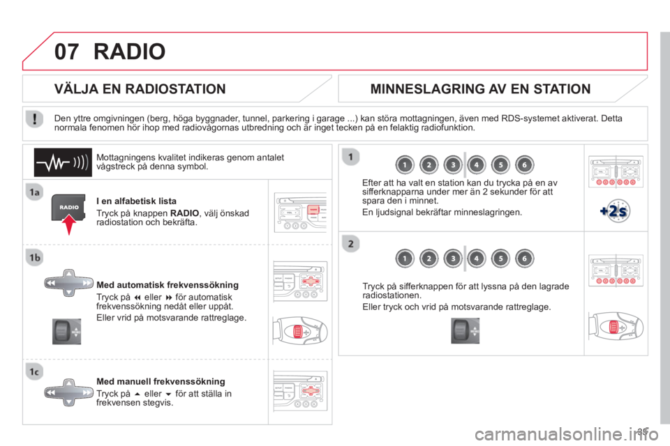 CITROEN C3 2013  InstruktionsbÖcker (in Swedish) 35
07RADIO 
I en alfabetisk lista
Tr
yck på knappen RADIO 
, välj önskad
radiostation och bekräfta. 
Med automatisk frekvenssöknin
g
Tryck på  �eller �   för automatiskfrekvenssökning nedåt
