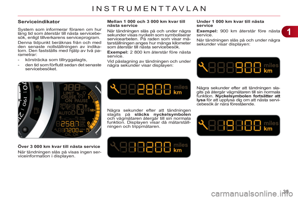 CITROEN C3 2013 InstruktionsbÖcker (in Swedish) 1
35
INSTRUMENTTAVLAN
Serviceindikator
System som informerar föraren om hur
lång tid som återstår till nästa servicebe-
sök, enligt tillverkarens serviceprogram.
Denna tidpunkt beräknas CITROEN C3 2013 InstruktionsbÖcker (in Swedish) 1
35
INSTRUMENTTAVLAN
Serviceindikator
System som informerar föraren om hur
lång tid som återstår till nästa servicebe-
sök, enligt tillverkarens serviceprogram.
Denna tidpunkt beräknas
