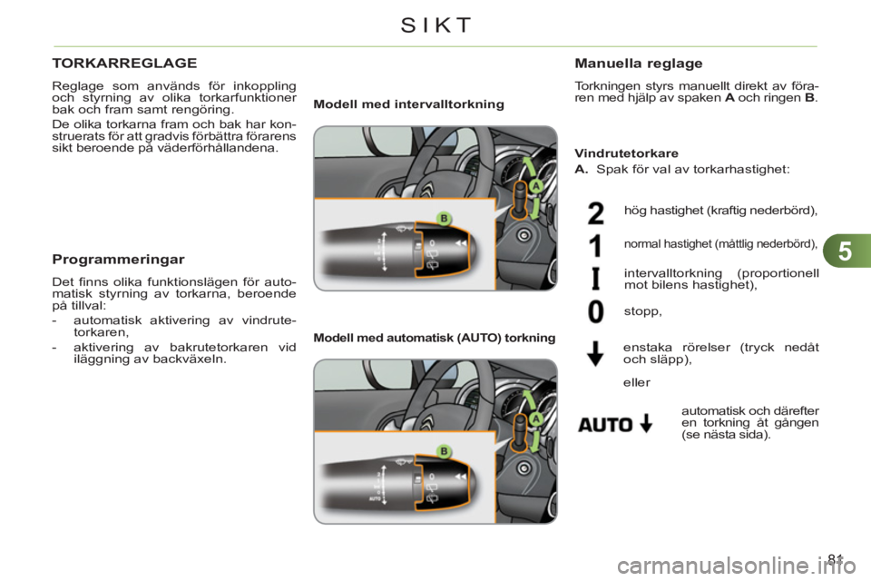 CITROEN C3 2013 InstruktionsbÖcker (in Swedish) 5
81
SIKT
TORKARREGLAGE
Reglage som används för inkoppling
och styrning av olika torkarfunktioner
bak och fram samt rengöring.
De olika torkarna fram och bak har kon-
struerats för att gra CITROEN C3 2013 InstruktionsbÖcker (in Swedish) 5
81
SIKT
TORKARREGLAGE
Reglage som används för inkoppling
och styrning av olika torkarfunktioner
bak och fram samt rengöring.
De olika torkarna fram och bak har kon-
struerats för att gra