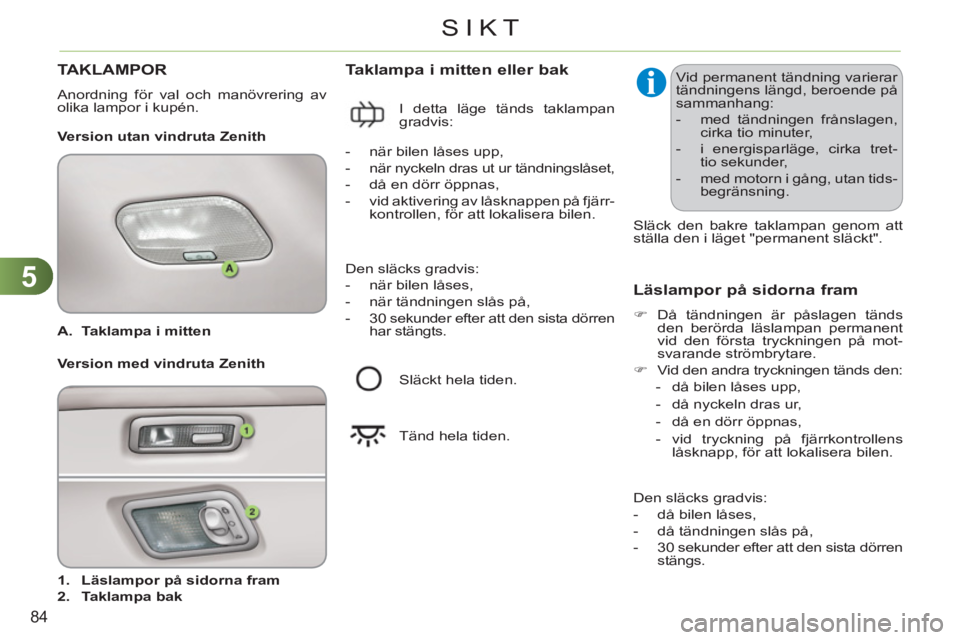 CITROEN C3 2013 InstruktionsbÖcker (in Swedish) 5
84
SIKT
A.
Taklampa i mitten
1.
Läslampor på sidorna fram
2.
Taklampa bak
Taklampa i mitten eller bak
Version utan vindruta Zenith
Läslampor p CITROEN C3 2013 InstruktionsbÖcker (in Swedish) 5
84
SIKT
A.
Taklampa i mitten
1.
Läslampor på sidorna fram
2.
Taklampa bak
Taklampa i mitten eller bak
Version utan vindruta Zenith
Läslampor p