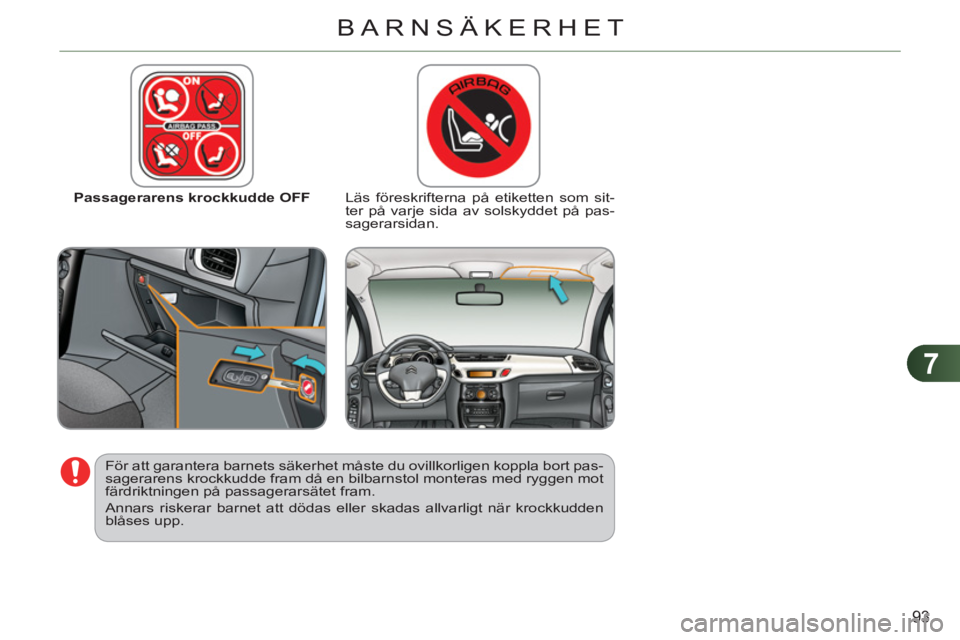 CITROEN C3 2013  InstruktionsbÖcker (in Swedish) 7
93
BARNSÄKERHET
   
 
Passagerarens krockkudde OFF   
 
Läs föreskrifterna på etiketten som sit-
ter på varje sida av solskyddet på pas-
sagerarsidan.  
   
För att garantera barnets säkerhe