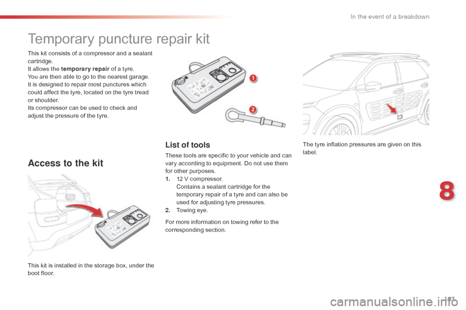 Citroen C4 CACTUS RHD 2016 1.G Owners Manual 183
The tyre inflation pressures are given on this label.
This
 ki

t
 is in

stalled
 in th

e
 st

orage
 bo

x,
 un

der
 th

e
 bo

ot
 f

loor.
This
 k

it
 c

onsists
 o

f