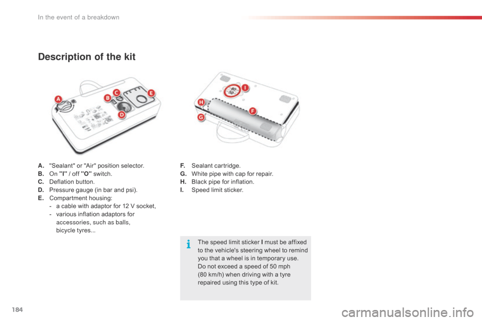 Citroen C4 CACTUS RHD 2016 1.G Owners Manual 184
A. "Sealant" or " Air" p osition s elector.
B. O n "I" / o
ff " O" sw itch.
C.
 De
flation
 b
 utton.
D.
 Pr
essure
 g
 auge
 (
 in
 b
 ar
 a
 nd
 p
 si).
E.
 Co
mpartment
 h Citroen C4 CACTUS RHD 2016 1.G Owners Manual 184
A. "Sealant" or " Air" p osition s elector.
B. O n "I" / o
ff " O" sw itch.
C.
 De
flation
 b
 utton.
D.
 Pr
essure
 g
 auge
 (
 in
 b
 ar
 a
 nd
 p
 si).
E.
 Co
mpartment
 h