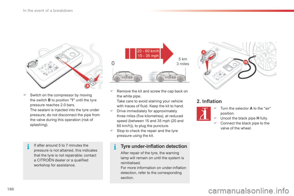 Citroen C4 CACTUS RHD 2016 1.G Owners Manual 186
F Switch on t he c ompressor b y m oving th
e switch B to position "I"  until the tyre 
pressure
 r

eaches
 2
 .0
 b
 ars.
 Th

e
 s
 ealant
 i
 s
 i
 njected
 i
 nto
 t
 he
 t
 