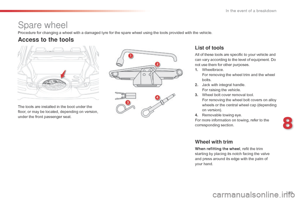 Citroen C4 CACTUS RHD 2016 1.G Workshop Manual 189
Spare wheel
The tools are installed in the boot under the floor, o r m ay b e l ocated, d epending o n v ersion, und

er
 the fr
 ont
 pa
 ssenger
 seat
 .
Access to the tools