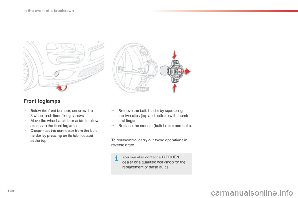 Citroen C4 CACTUS RHD 2016 1.G Owners Manual 198
Front foglamps
You can also contact a CITROËN 
dealer or a q ualified w orkshop f or t he re

placement
 o
 f
 t
 hese
 b
 ulbs.
F
 Be

low
 t

he
 f

ront
 b

umper,
 u

nscrew
 