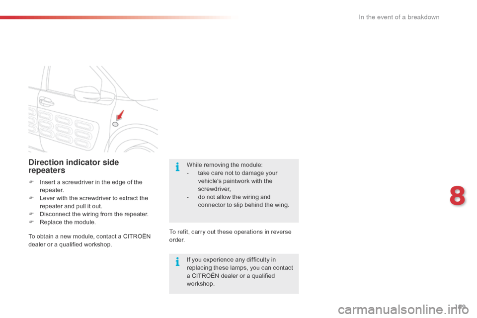 Citroen C4 CACTUS RHD 2016 1.G Owners Manual 199
Direction indicator side  
repeaters
F Insert a screwdriver i n t he e dge o f t he rep
eater.
F
 Le

ver
 w
 ith
 t
 he
 s
 crewdriver
 t
 o
 e
 xtract
 t
 he
 re

peater
 a
 nd