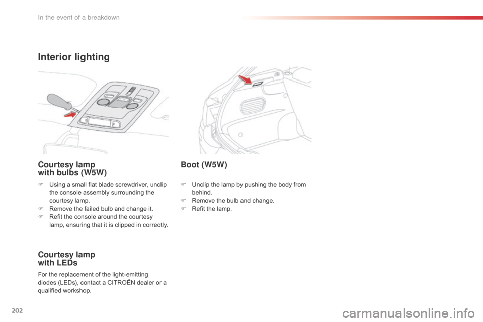Citroen C4 CACTUS RHD 2016 1.G Owners Manual 202
F Using a small f lat b lade s crewdriver, u nclip th
e c onsole a ssembly s urrounding t he co

urtesy
 l
 amp.
F
 Re

move
 t
 he
 f
 ailed
 b
 ulb
 a
 nd
 c
 hange
 i
 t.
F
