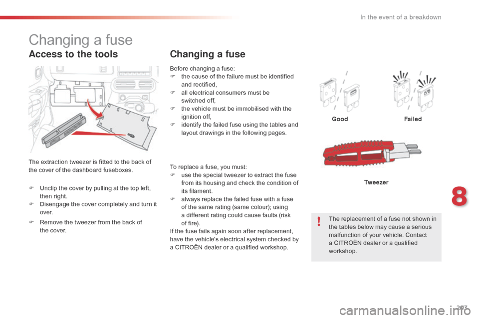 Citroen C4 CACTUS RHD 2016 1.G Owners Manual 203
Before changing a fuse:
F th e c ause o f t he f ailure m ust b e i dentified an
d
 rec
tified,
F
 al
l
 e
lectrical
 c
onsumers
 m
ust
 b
e
 sw
itched off,
F
 th
e
 Citroen C4 CACTUS RHD 2016 1.G Owners Manual 203
Before changing a fuse:
F th e c ause o f t he f ailure m ust b e i dentified an
d
 rec
tified,
F
 al
l
 e
lectrical
 c
onsumers
 m
ust
 b
e
 sw
itched off,
F
 th
e
Â