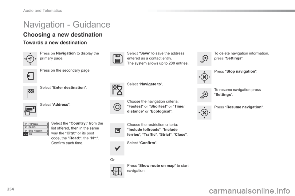 Citroen C4 CACTUS RHD 2016 1.G User Guide 254
Navigation - Guidance
Choosing a new destination
Select "Enter destination ". Select "
Save"
 t
 o
 s
 ave
 t
 he
 a
 ddress
 en

tered
 a
 s
 a c
 ontact
 e
 ntry.
The
 s
 ystem
 a
 