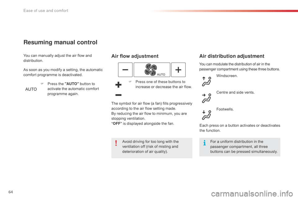 Citroen C4 CACTUS RHD 2016 1.G Owners Manual 64
You can modulate the distribution of air in the passenger c ompartment u sing t hese t hree b uttons.
Air flow adjustment
Avoid driving for too long with the ventilation o ff�