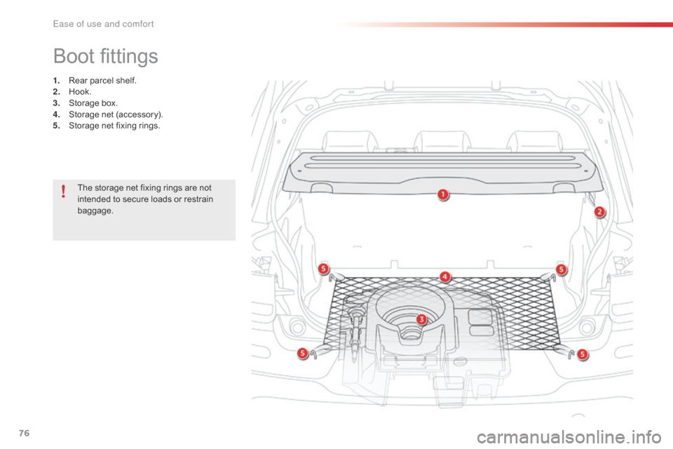 Citroen C4 CACTUS RHD 2016 1.G Manual PDF 76
Boot fittings
1. Rear parcel shelf.
2. Ho ok.
3.
 Sto
rage
 bo
x.
4.
 St
orage
 n
et
 (
accessory).
5.
 St
orage
 n
et
 f
ixing
 r
ings.
The
 s
torage
 n
et
 f
ixing
 Citroen C4 CACTUS RHD 2016 1.G Manual PDF 76
Boot fittings
1. Rear parcel shelf.
2. Ho ok.
3.
 Sto
rage
 bo
x.
4.
 St
orage
 n
et
 (
accessory).
5.
 St
orage
 n
et
 f
ixing
 r
ings.
The
 s
torage
 n
et
 f
ixing
Â