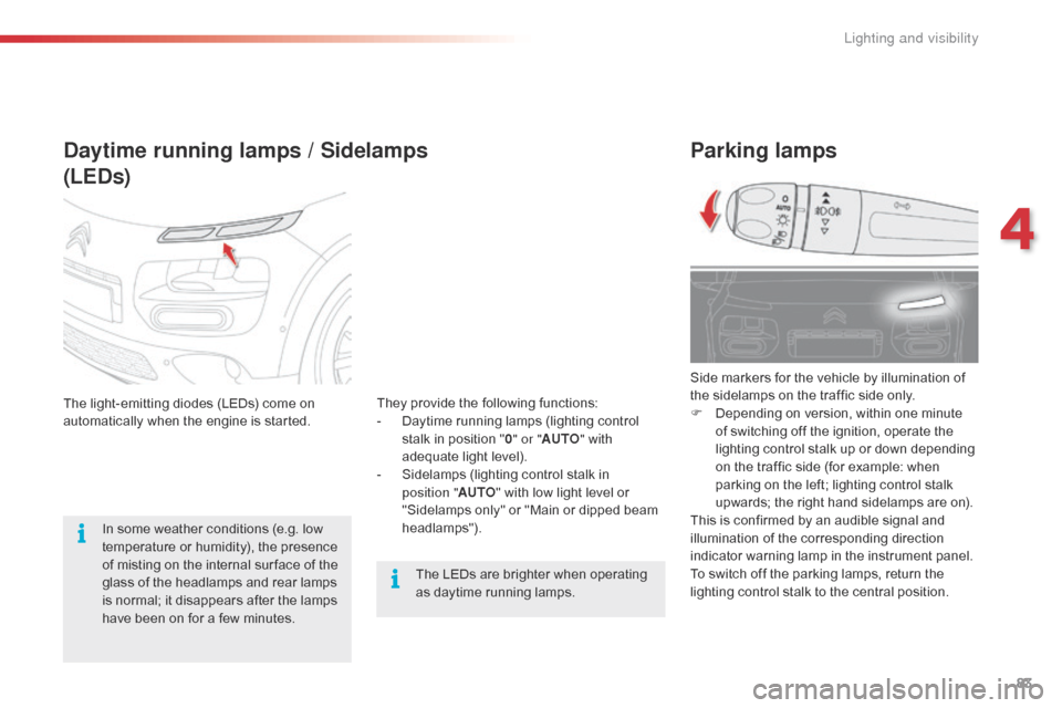 Citroen C4 CACTUS RHD 2016 1.G Owners Guide 83
Parking lamps
Side markers for the vehicle by illumination of the s idelamps o n t he t raffic s ide o nly.
F
 De

pending
 o
 n
 v
 ersion,
 w
 ithin
 o
 ne
 m
 inute
 of s

