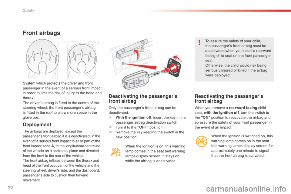 Citroen C4 CACTUS RHD 2016 1.G Owners Manual 98
Deactivating the passengers 
front airbag
Only the passengers front airbag can be deactivated.
F
 Wi

th the ignition off ,
 i

nsert
 t
 he
 k
 ey
 i
 n
 t
 he
 pa

ssenger
 a
 irb