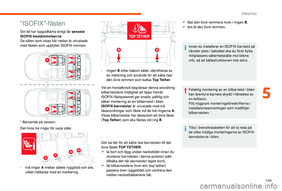 CITROEN C3 2019 InstruktionsbÖcker (in Swedish) 109
"ISOFIX"-fästen
Din bil har typgodkänts enligt de senaste
ISOFIX-bestämmelserna.
De säten som visas här nedan är utrustade
med fästen som uppfyller ISOFIX-normen:
* Beroende på v CITROEN C3 2019 InstruktionsbÖcker (in Swedish) 109
"ISOFIX"-fästen
Din bil har typgodkänts enligt de senaste
ISOFIX-bestämmelserna.
De säten som visas här nedan är utrustade
med fästen som uppfyller ISOFIX-normen:
* Beroende på v