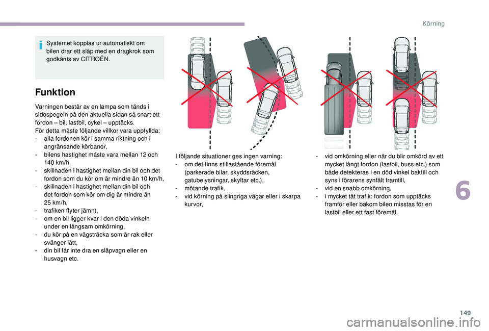 CITROEN C3 2019  InstruktionsbÖcker (in Swedish) 149
Systemet kopplas ur automatiskt om 
bilen drar ett släp med en dragkrok som 
godkänts av CITROËN.
Funktion
Varningen består av en lampa som tänds i 
sidospegeln på den aktuella sidan så sna