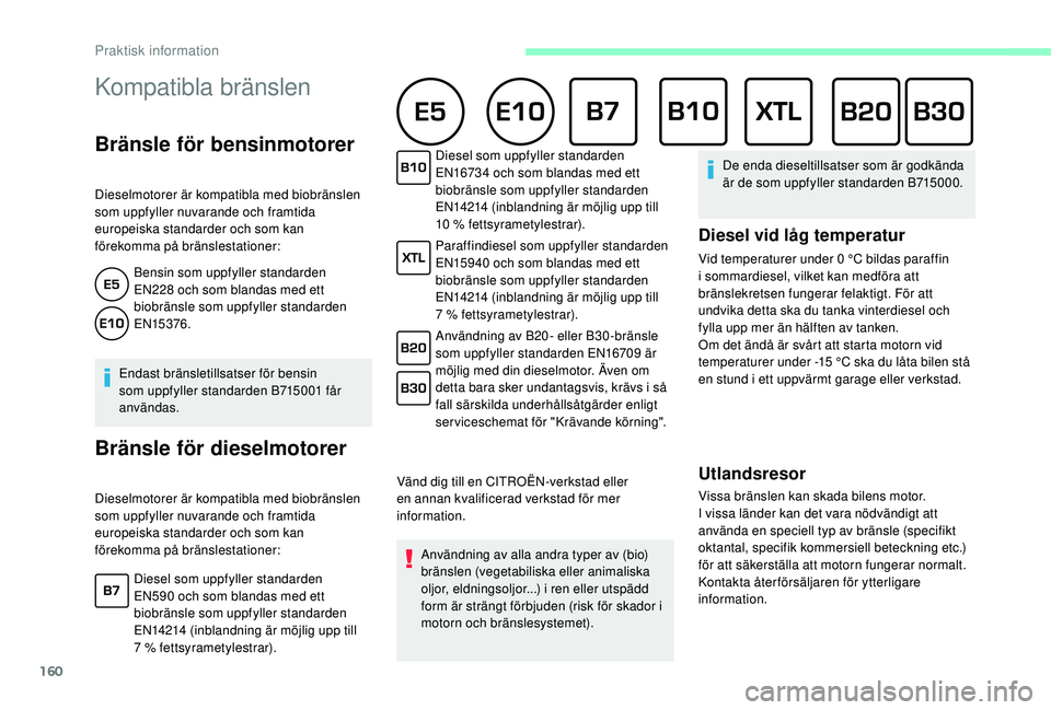 CITROEN C3 2019  InstruktionsbÖcker (in Swedish) 160
Kompatibla bränslen
Bränsle för bensinmotorer
Dieselmotorer är kompatibla med biobränslen 
som uppfyller nuvarande och framtida 
europeiska standarder och som kan 
förekomma på bränslestat