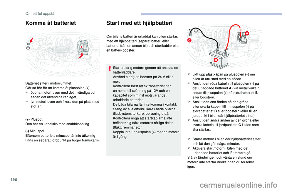 CITROEN C3 2019 InstruktionsbÖcker (in Swedish) 196
Starta aldrig motorn genom att ansluta en
batteriladdare.
Använd aldrig en booster på 24 V eller
m e r.
Kontrollera först att extrabatteriet har
en nominell spänning på 12V och en
kapaci CITROEN C3 2019 InstruktionsbÖcker (in Swedish) 196
Starta aldrig motorn genom att ansluta en
batteriladdare.
Använd aldrig en booster på 24 V eller
m e r.
Kontrollera först att extrabatteriet har
en nominell spänning på 12V och en
kapaci