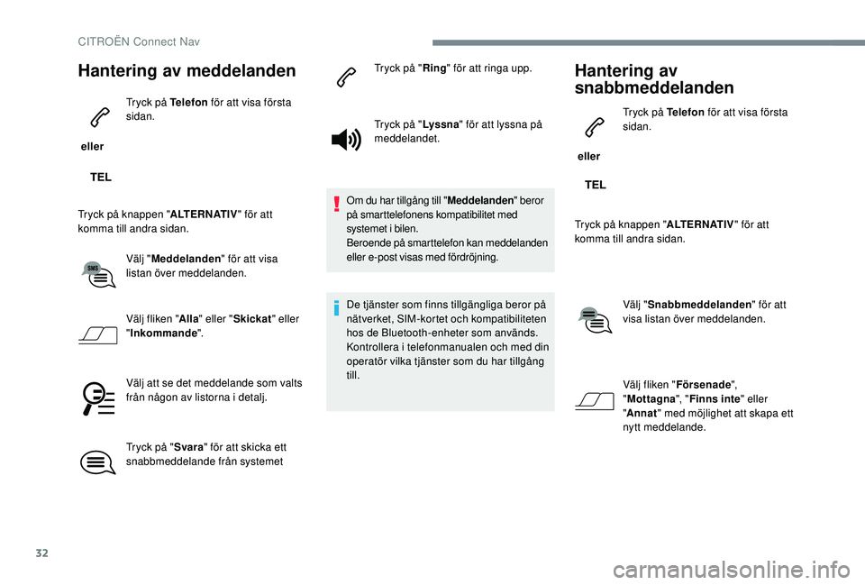 CITROEN C3 2019 InstruktionsbÖcker (in Swedish) 32
Hantering av meddelanden
ellerTryck på Telefon
för att visa första
sidan.
Tryck på knappen " ALTERNATIV" för att
komma till andra sidan.
Välj "Meddelanden " för att visa CITROEN C3 2019 InstruktionsbÖcker (in Swedish) 32
Hantering av meddelanden
ellerTryck på Telefon
för att visa första
sidan.
Tryck på knappen " ALTERNATIV" för att
komma till andra sidan.
Välj "Meddelanden " för att visa