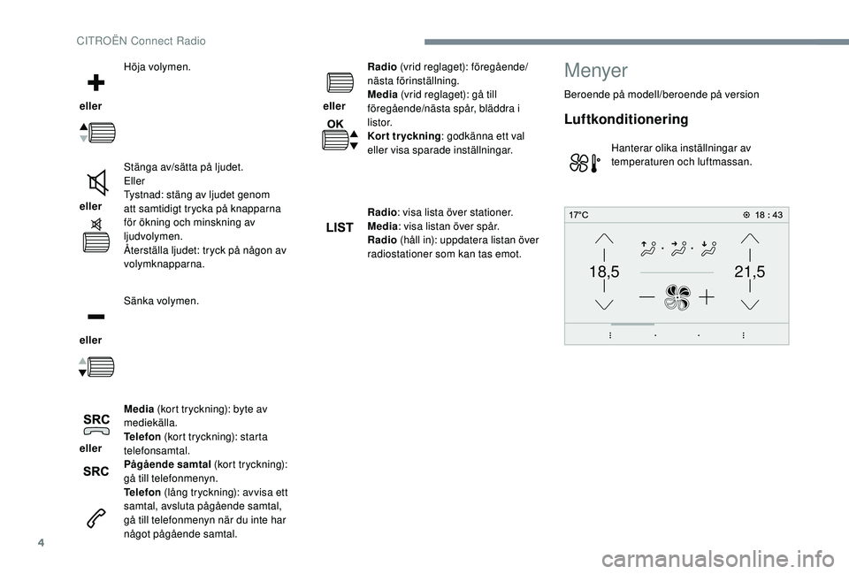 CITROEN C3 2019 InstruktionsbÖcker (in Swedish) 4
21,518,5
ellerHöja volymen.
eller Stänga av/sätta på ljudet.
Eller
Tystnad: stäng av ljudet genom
att samtidigt trycka på knapparna
för ökning och minskning av
ljudvolymen.
Återställa CITROEN C3 2019 InstruktionsbÖcker (in Swedish) 4
21,518,5
ellerHöja volymen.
eller Stänga av/sätta på ljudet.
Eller
Tystnad: stäng av ljudet genom
att samtidigt trycka på knapparna
för ökning och minskning av
ljudvolymen.
Återställa
