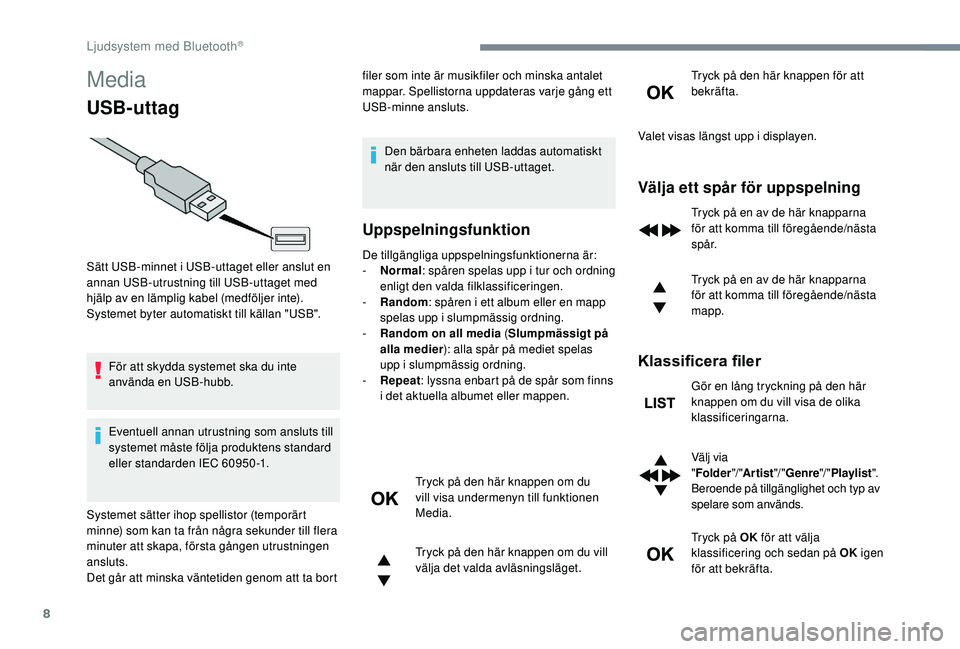 CITROEN C3 2019 InstruktionsbÖcker (in Swedish) 8
Media
USB-uttag
För att skydda systemet ska du inte
använda en USB-hubb.
Eventuell annan utrustning som ansluts till
systemet måste följa produktens standard
eller standarden IEC 60950 -1.fil CITROEN C3 2019 InstruktionsbÖcker (in Swedish) 8
Media
USB-uttag
För att skydda systemet ska du inte
använda en USB-hubb.
Eventuell annan utrustning som ansluts till
systemet måste följa produktens standard
eller standarden IEC 60950 -1.fil