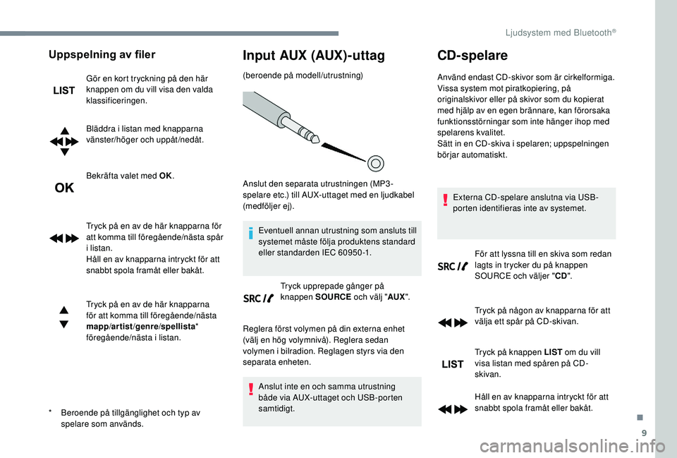 CITROEN C3 2019 InstruktionsbÖcker (in Swedish) 9
Uppspelning av filer
Gör en kort tryckning på den här
knappen om du vill visa den valda
klassificeringen.
Bläddra i listan med knapparna
vänster/höger och uppåt /nedåt.
Bekräfta valet me CITROEN C3 2019 InstruktionsbÖcker (in Swedish) 9
Uppspelning av filer
Gör en kort tryckning på den här
knappen om du vill visa den valda
klassificeringen.
Bläddra i listan med knapparna
vänster/höger och uppåt /nedåt.
Bekräfta valet me