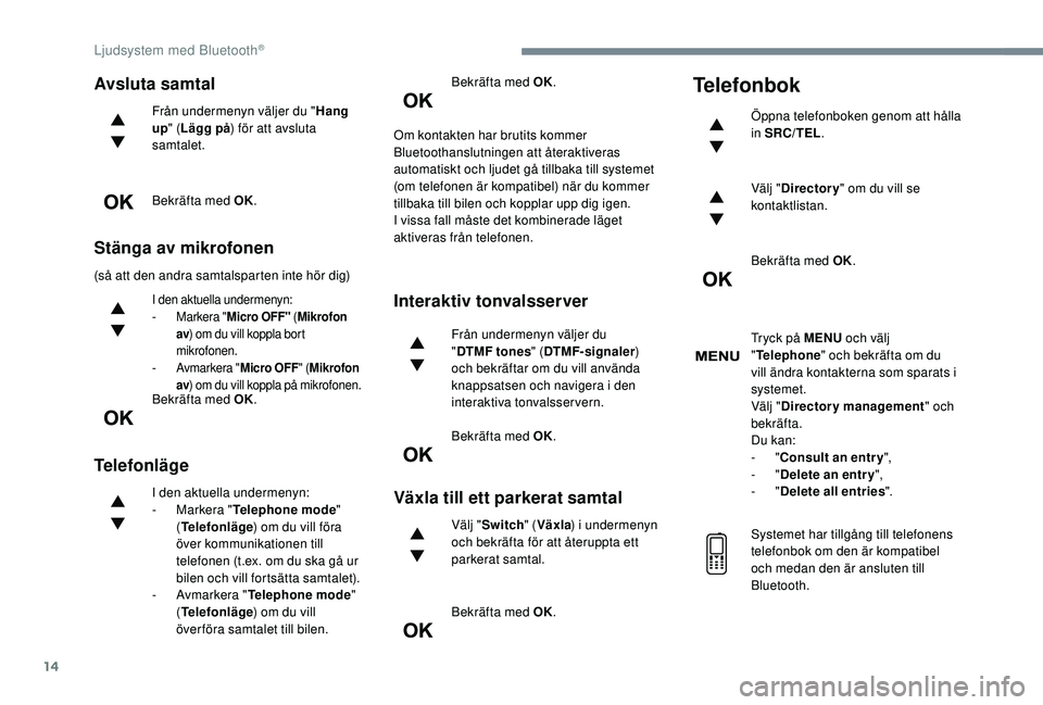 CITROEN C3 2019 InstruktionsbÖcker (in Swedish) 14
Avsluta samtal
Från undermenyn väljer du "Hang
up " (Lägg på ) för att avsluta
samtalet.
Bekräfta med OK.
Stänga av mikrofonen
(så att den andra samtalsparten inte hör dig)
I den CITROEN C3 2019 InstruktionsbÖcker (in Swedish) 14
Avsluta samtal
Från undermenyn väljer du "Hang
up " (Lägg på ) för att avsluta
samtalet.
Bekräfta med OK.
Stänga av mikrofonen
(så att den andra samtalsparten inte hör dig)
I den