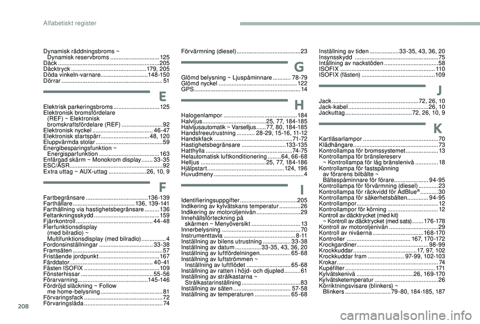 CITROEN C3 2019  InstruktionsbÖcker (in Swedish) 208
Dynamisk räddningsbroms ~ Dynamisk reservbroms .............................. 12
5
Däck
 

.............................................................. 205
Däcktryck
 

......................