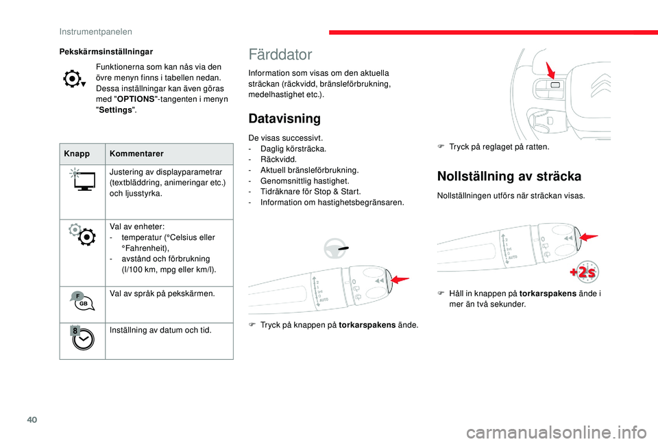 CITROEN C3 2019 InstruktionsbÖcker (in Swedish) 40
Färddator
Information som visas om den aktuella
sträckan (räckvidd, bränsleförbrukning,
medelhastighet etc.).
Datavisning
De visas successivt.
- Daglig körsträcka.
-
Räckvidd.
-
A
kt CITROEN C3 2019 InstruktionsbÖcker (in Swedish) 40
Färddator
Information som visas om den aktuella
sträckan (räckvidd, bränsleförbrukning,
medelhastighet etc.).
Datavisning
De visas successivt.
- Daglig körsträcka.
-
Räckvidd.
-
A
kt
