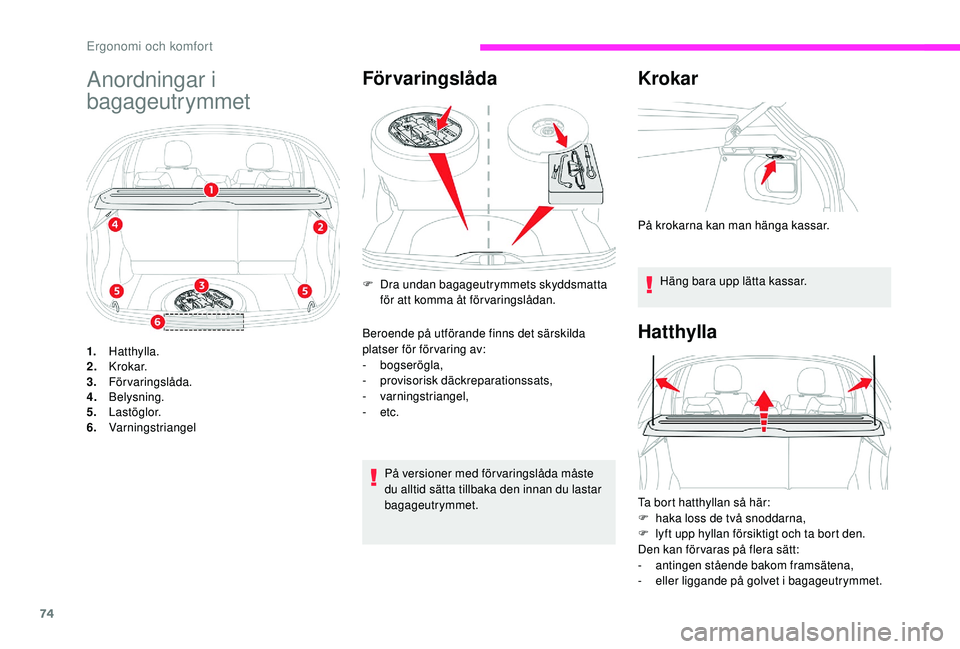 CITROEN C3 2019  InstruktionsbÖcker (in Swedish) 74
Anordningar i 
bagageutrymmet
1.Hatthylla.
2. K r o k a r.
3. Förvaringslåda.
4. Belysning.
5. L a s t ö g l o r.
6. Varningstriangel
För varingslåda
På versioner med förvaringslåda måste 