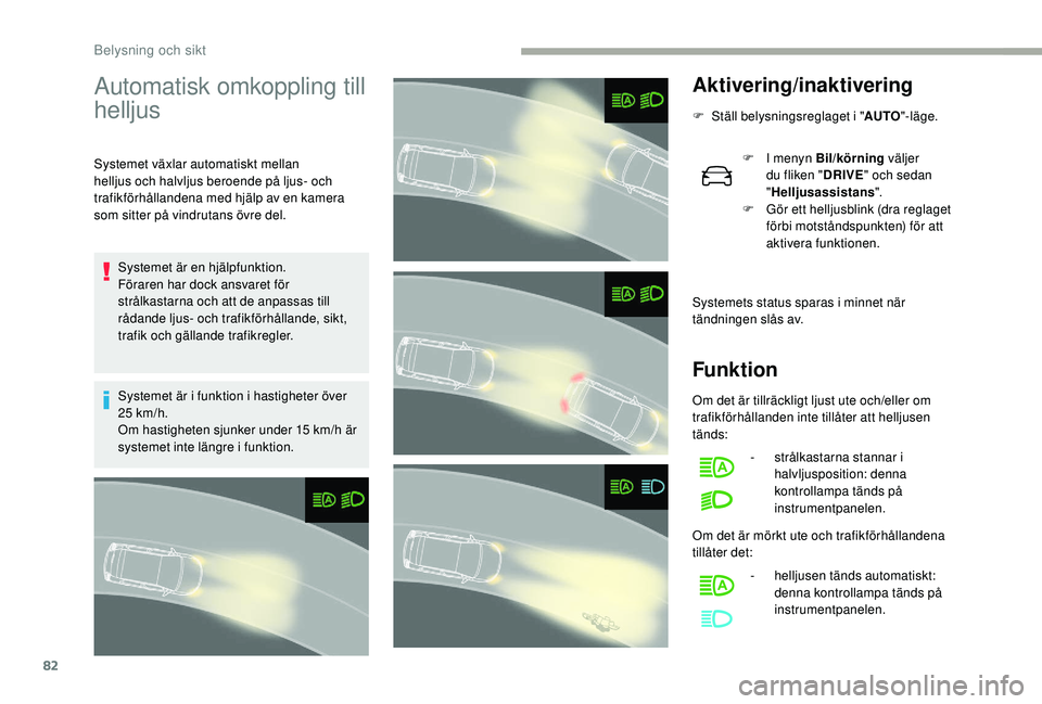 CITROEN C3 2019  InstruktionsbÖcker (in Swedish) 82
Automatisk omkoppling till 
helljus
Systemet växlar automatiskt mellan 
helljus och halvljus beroende på ljus- och 
trafikförhållandena med hjälp av en kamera 
som sitter på vindrutans övre 