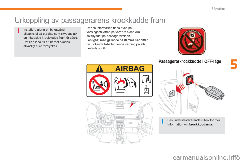 CITROEN C3 2017  InstruktionsbÖcker (in Swedish) 137
B618_sv_Chap05_securite_ed01-2016
Passagerarkrockkudde i OFF-läge
Denna information finns även på 
varningsetiketten på vardera sidan om 
solskyddet på passagerarsidan.
I enlighet med gällan