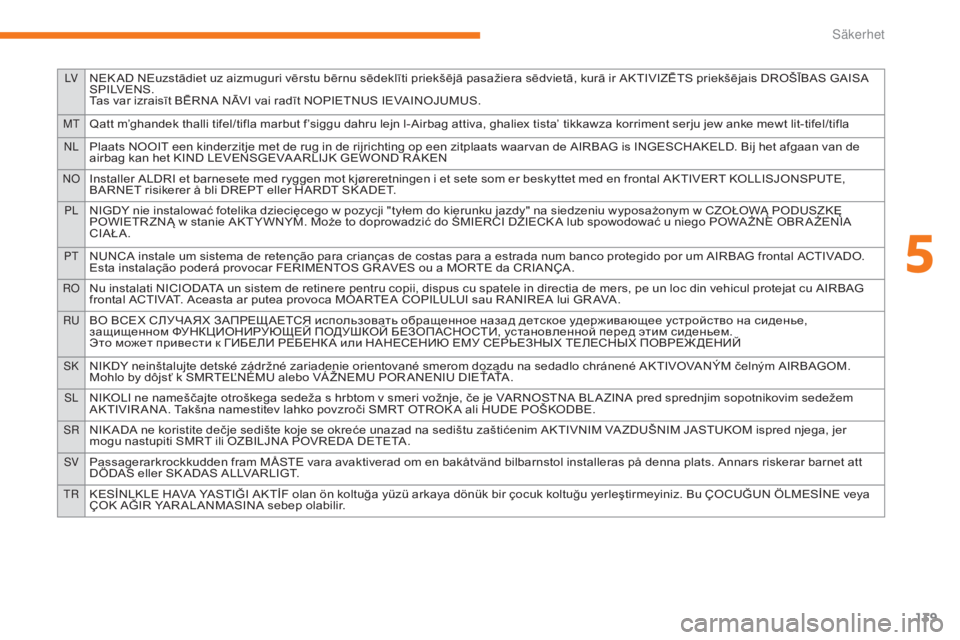 CITROEN C3 2017  InstruktionsbÖcker (in Swedish) 139
LVNEK AD NEuzstādiet uz aizmuguri vērstu bērnu sēdeklīti priekšējā pasažiera sēdvietā, kurā ir AKTIVIZĒTS priekšējais DROŠĪBAS GAISA 
S P I LV E N S .
Tas var izraisīt BĒRNA NĀ
