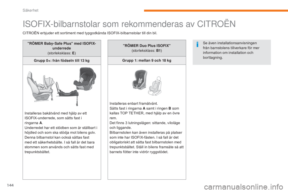 CITROEN C3 2017  InstruktionsbÖcker (in Swedish) 144
B618_sv_Chap05_securite_ed01-2016
ISOFIX-bilbarnstolar som rekommenderas av CITROËN
"RÖMER Baby- Safe Plus" med ISOFIX-underrede 
(storleksklass:  E)
Grupp 0+: från födseln till 13 kg
