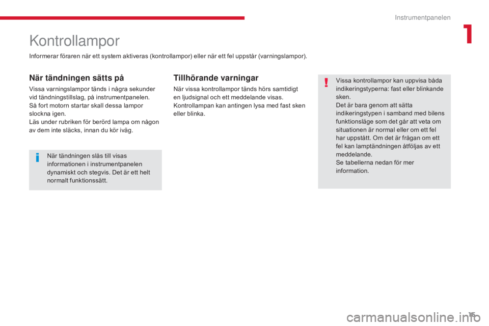 CITROEN C3 2017  InstruktionsbÖcker (in Swedish) 15
B618 _sv_Chap01_Instruments- de-bord_ed01-2016
Informerar föraren när ett system aktiveras (kontrollampor) eller när ett fel uppstår (varningslampor).
Kontrollampor
När tändningen sätts på
