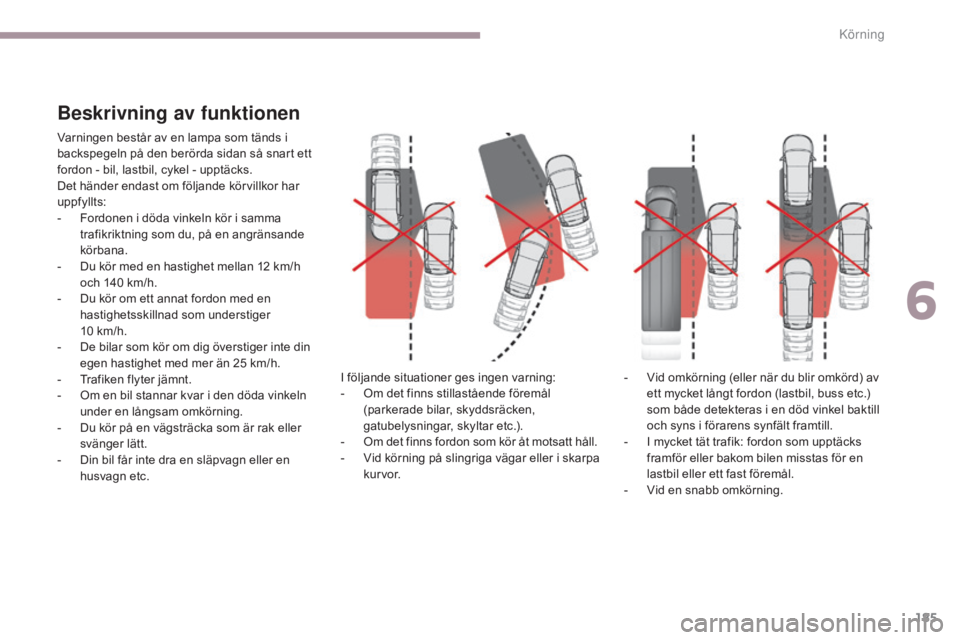 CITROEN C3 2017  InstruktionsbÖcker (in Swedish) 185
B618_sv_Chap06_conduite_ed01-2016
Beskrivning av funktionen
Varningen består av en lampa som tänds i 
backspegeln på den berörda sidan så snart ett 
fordon - bil, lastbil, cykel - upptäcks.
