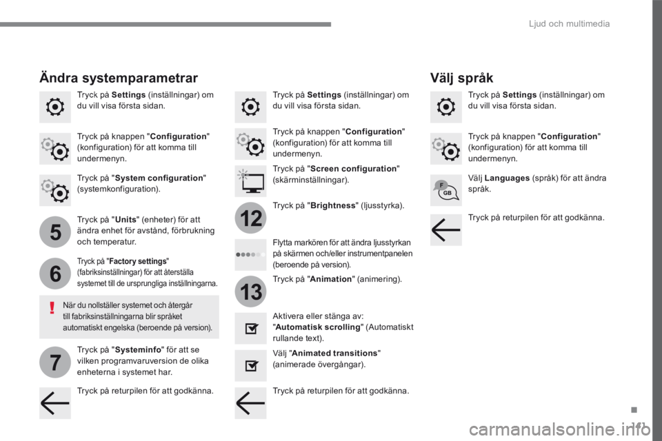 CITROEN C3 2017 InstruktionsbÖcker (in Swedish) 141
.
5
6
7
12
13
Ljud och multimedia
Transversal-Citroen_sv_Chap02_RCC-2-2-0_ed01-2016
Tryck på Settings (inställningar) om du vill visa första sidan. Tryck på Settings (inställningar CITROEN C3 2017 InstruktionsbÖcker (in Swedish) 141
.
5
6
7
12
13
Ljud och multimedia
Transversal-Citroen_sv_Chap02_RCC-2-2-0_ed01-2016
Tryck på Settings (inställningar) om du vill visa första sidan. Tryck på Settings (inställningar