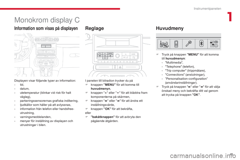 CITROEN C3 2017 InstruktionsbÖcker (in Swedish) 41
B618 _sv_Chap01_Instruments- de-bord_ed01-2016
Monokrom display C
Displayen visar följande typer av information:
- tid,
-
d
atum,
-
u
tetemperatur (blinkar vid risk för halt
väglag),
-
p CITROEN C3 2017 InstruktionsbÖcker (in Swedish) 41
B618 _sv_Chap01_Instruments- de-bord_ed01-2016
Monokrom display C
Displayen visar följande typer av information:
- tid,
-
d
atum,
-
u
tetemperatur (blinkar vid risk för halt
väglag),
-
p