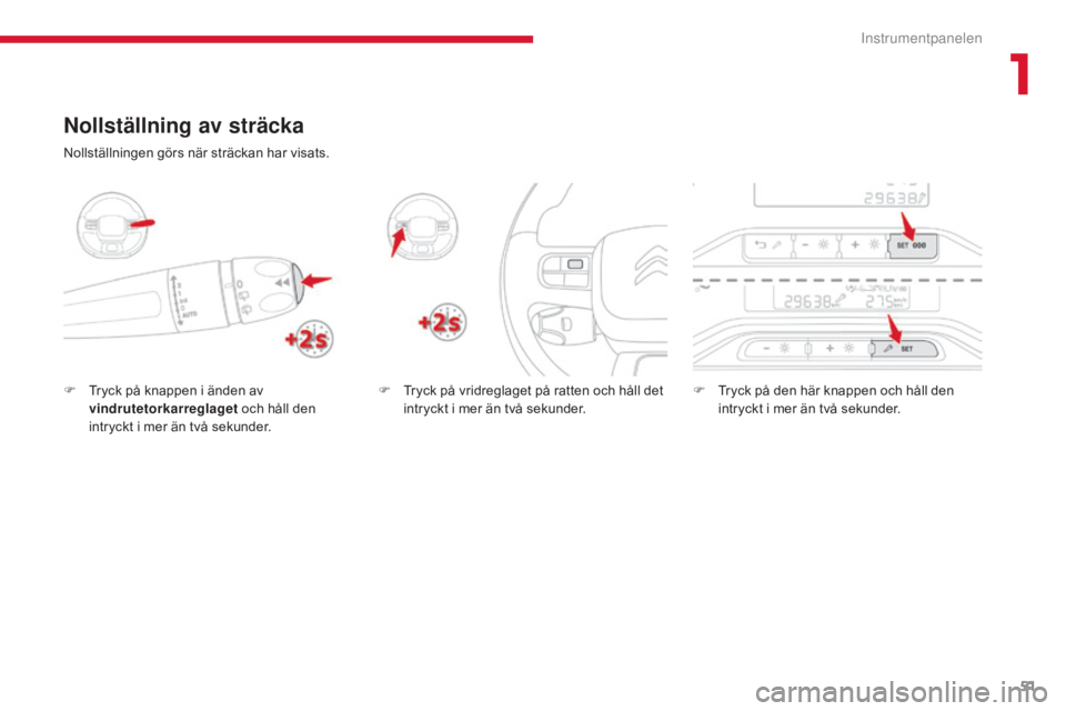 CITROEN C3 2017  InstruktionsbÖcker (in Swedish) 51
B618 _sv_Chap01_Instruments- de-bord_ed01-2016
Nollställning av sträcka
F Tryck på knappen i änden av vindrutetorkarreglaget  och håll den 
intryckt i mer än två sekunder. F
 T ryck på vrid