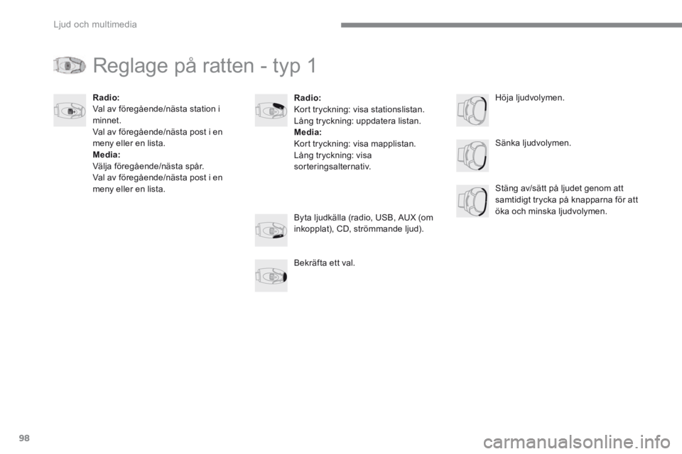CITROEN C3 2017  InstruktionsbÖcker (in Swedish) 98
 Ljud och multimedia 
Transversal-Citroen_sv_Chap02_RCC-2-2-0_ed01-2016
 Reglage på ratten - typ 1 
Radio: Kort tryckning: visa stationslistan.  Lång tryckning: uppdatera listan. Media: Kort tryc