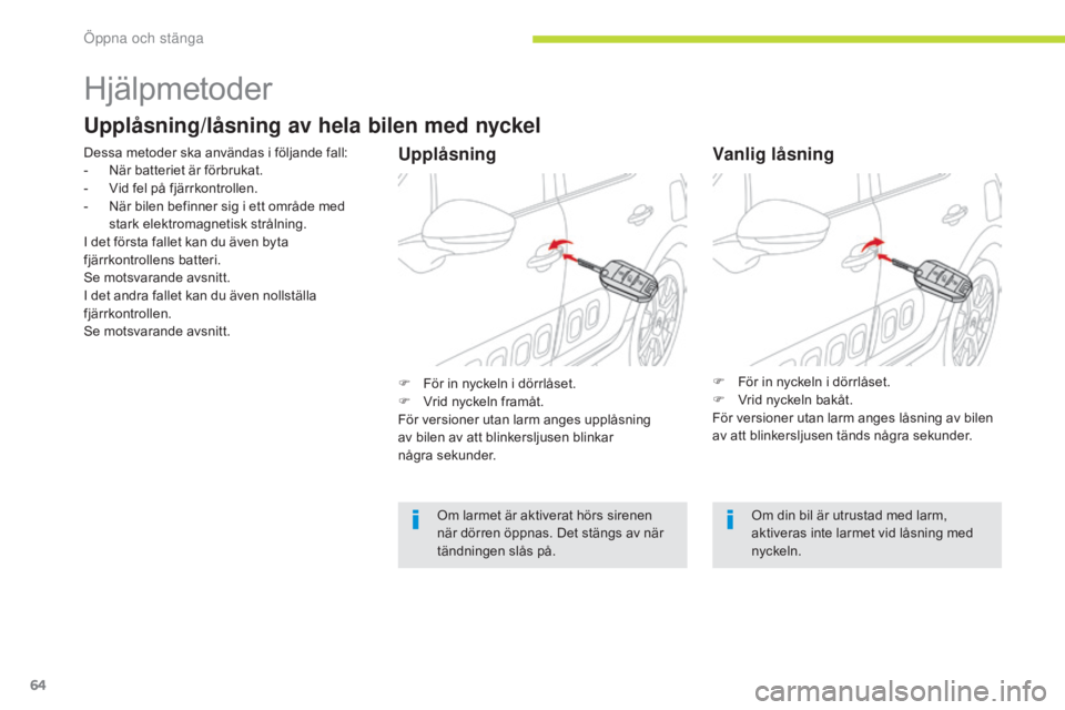 CITROEN C3 2017  InstruktionsbÖcker (in Swedish) 64
B618_sv_Chap02_ouvertures_ed01-2016
Hjälpmetoder
Upplåsning/låsning av hela bilen med nyckel
UpplåsningVanlig låsning
Om larmet är aktiverat hörs sirenen 
när dörren öppnas. Det stängs a